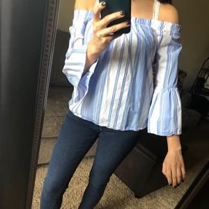 No Comment Blue and White Off the Shoulder Top